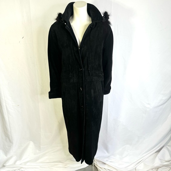 VERNISSAGE VINTAGE BLACK LEATHER TRENCH COAT WINTER COAT WITH FAUX FUR LARGE - Picture 4 of 17